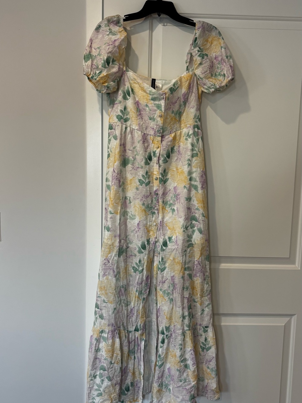 H&M Floral Puff-Sleeve Maxi Dress in Pastel Yellow & Lilac